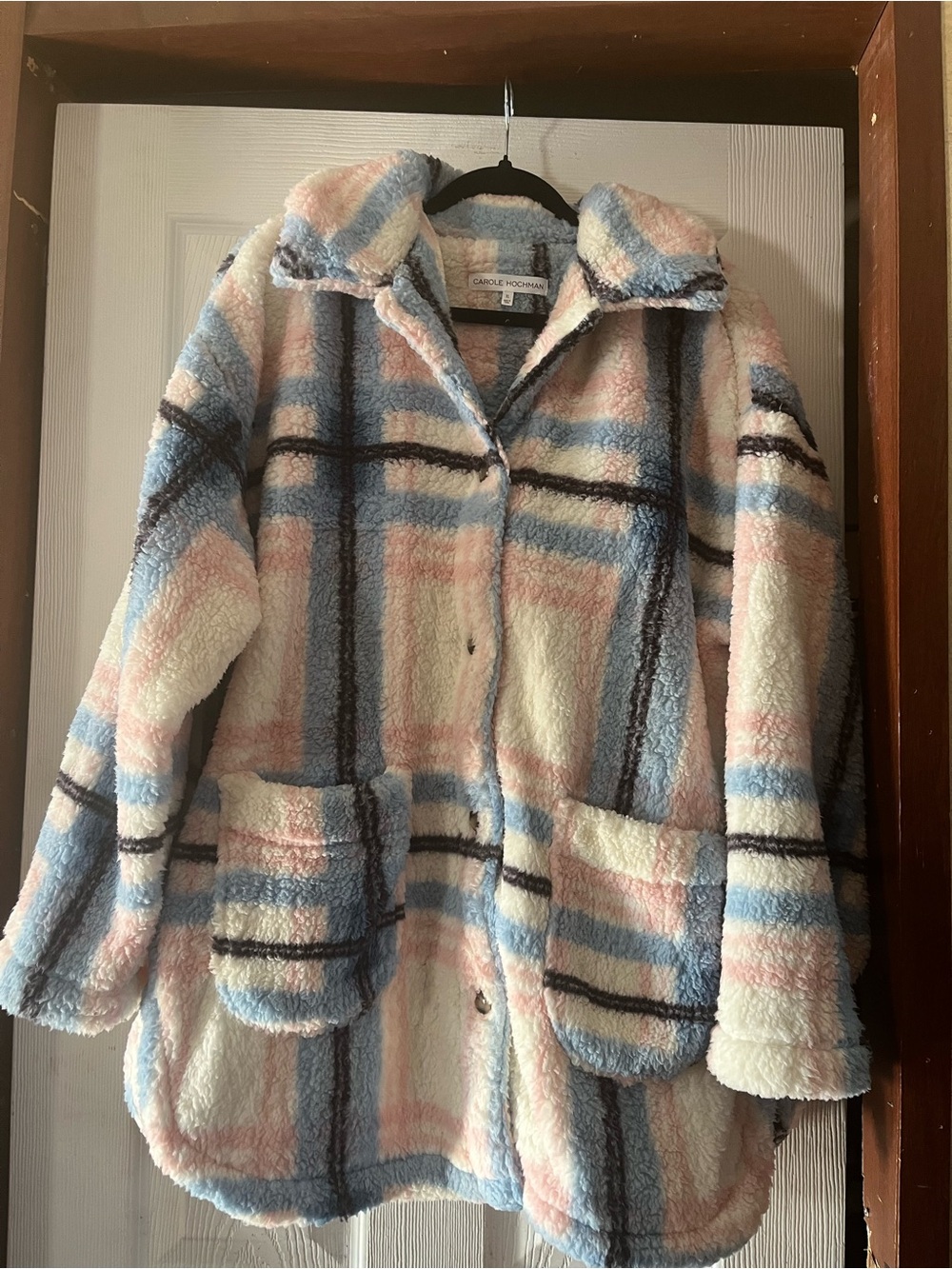 Carole Hochman Plaid Sherpa Shacket Pink Blue White Jacket XL Like New